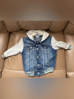 H&M Blue Denim Jacket with Light Gray Knit Hood & Sleeves